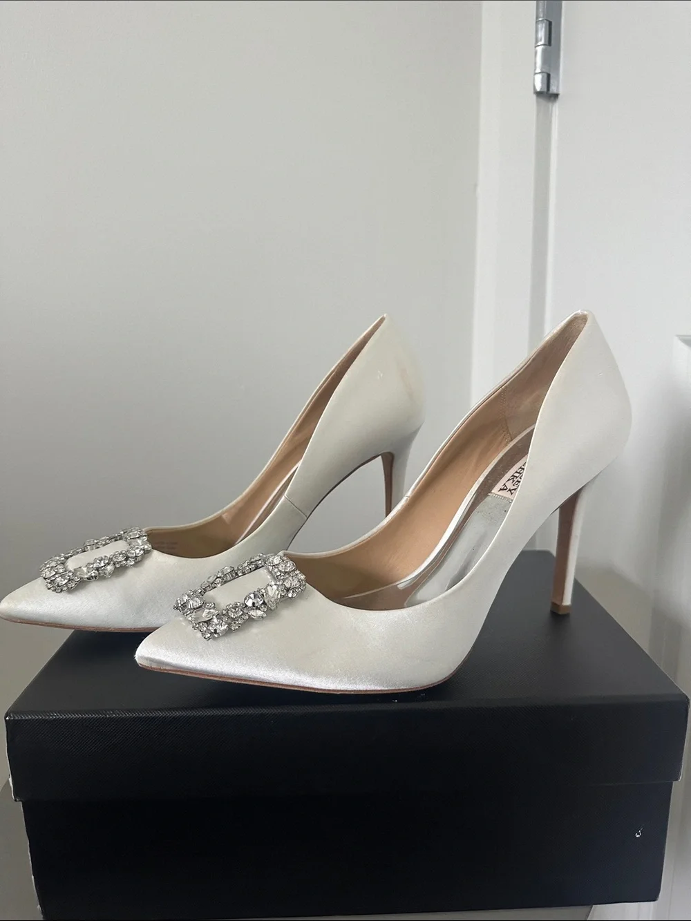 Badgley Mischka Ivory Satin Crystal-Buckle Cher Pointed Pumps
